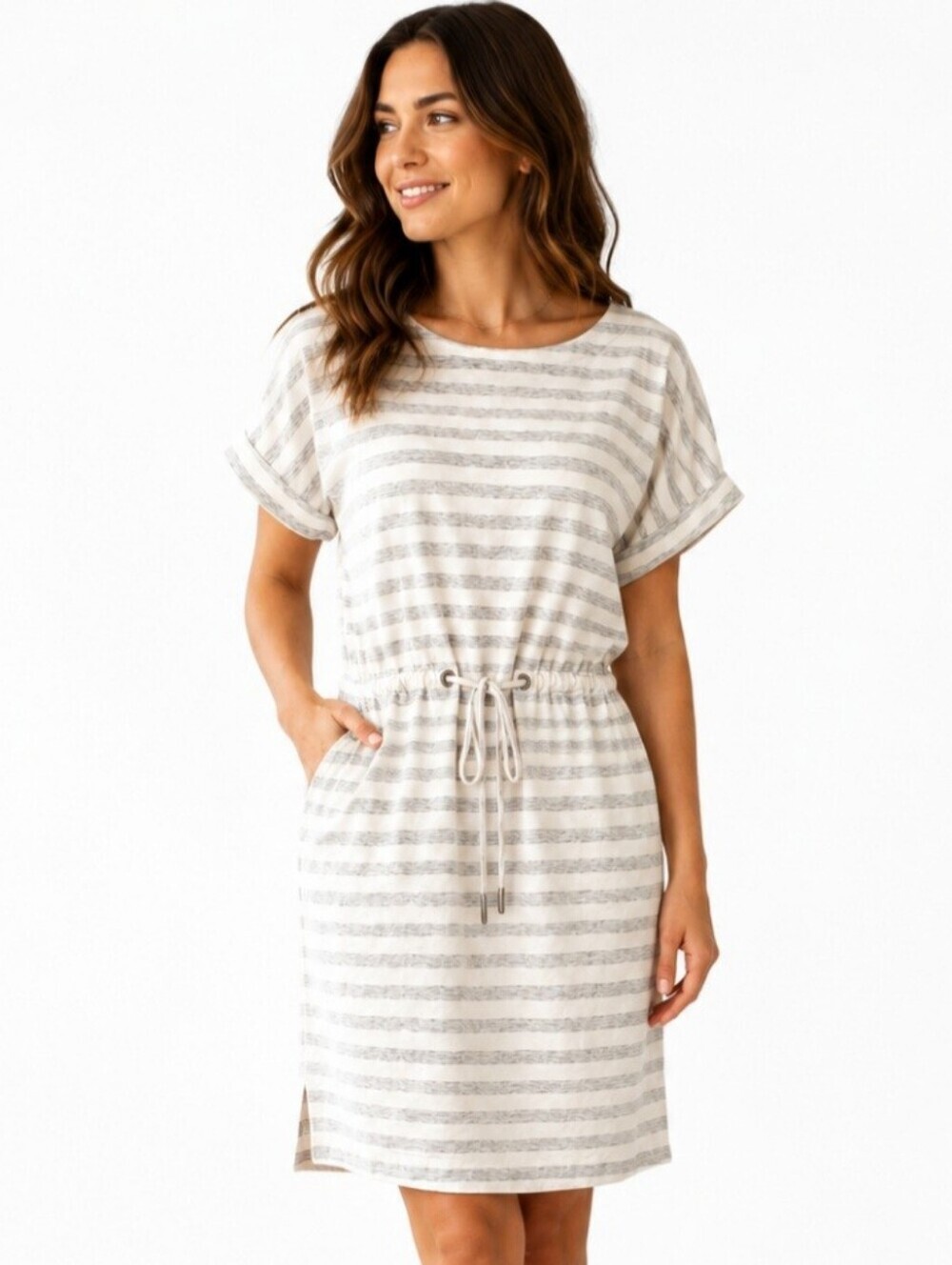 Tommy Bahama Striped Drawstring Dress Medium White Gray Cotton Blend Pockets - Picture 1 of 11